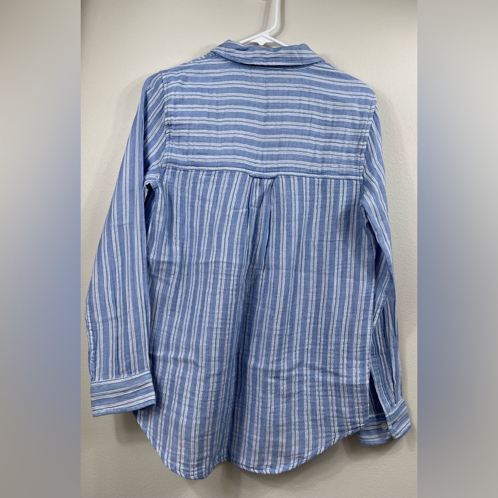 Beach Lunch Lounge Boyfriend Fit Gauze Muslin Blue White Stripes Button UpShirt - Picture 8 of 10